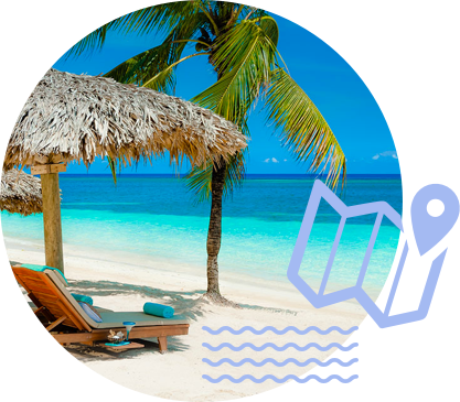 a cabana at the beaach with clear blue water and a palm tree. A light blue icon of a destination pin and a map icon overlayed on top.