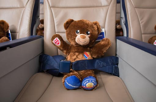Close up shot of co-branded Southwest Airlines and Build-a-Bear teddy bear for National Teddy Bear day.