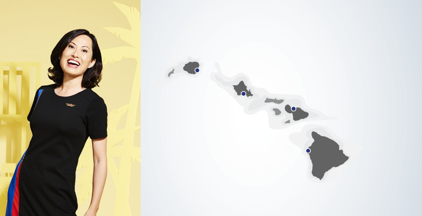 A map of the Hawaiian Islands, and a picture of a Southwest Airlines employee.