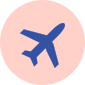 Una ilustración vector de un avión azul sobre un círculo rosa pastel.