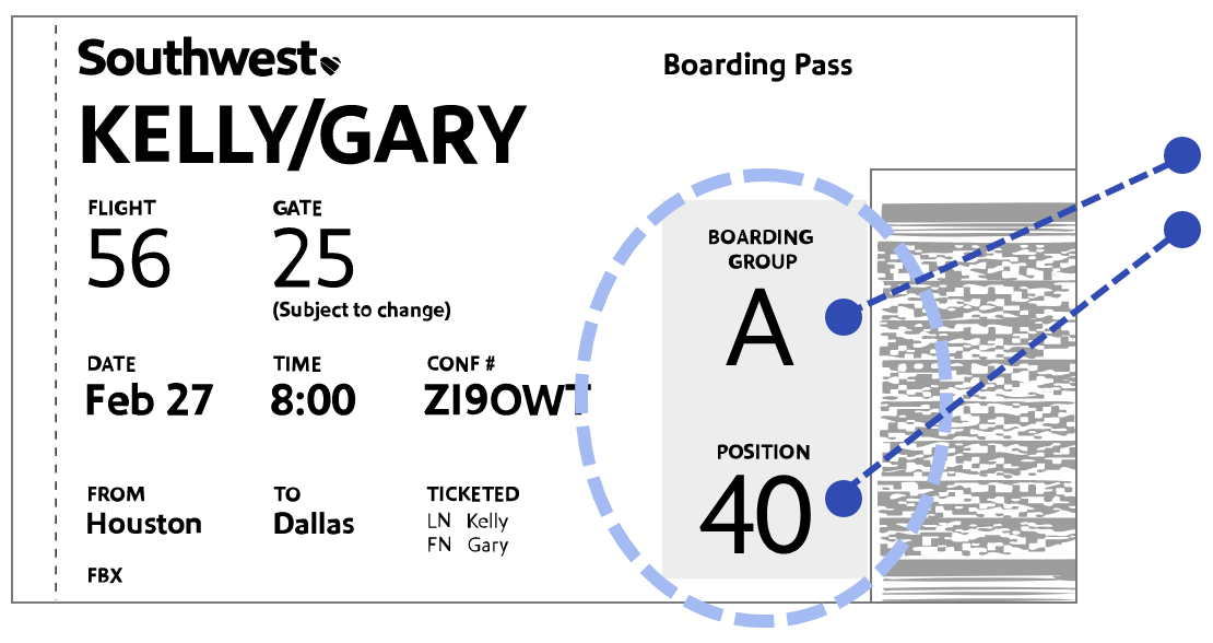 example of how to find the boarding group and boarding position on a boarding pass