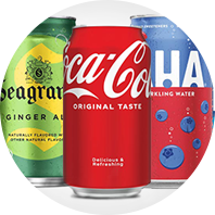 Latas de Seagram's Ginger Ale, Coca-Cola y agua con gas AHA