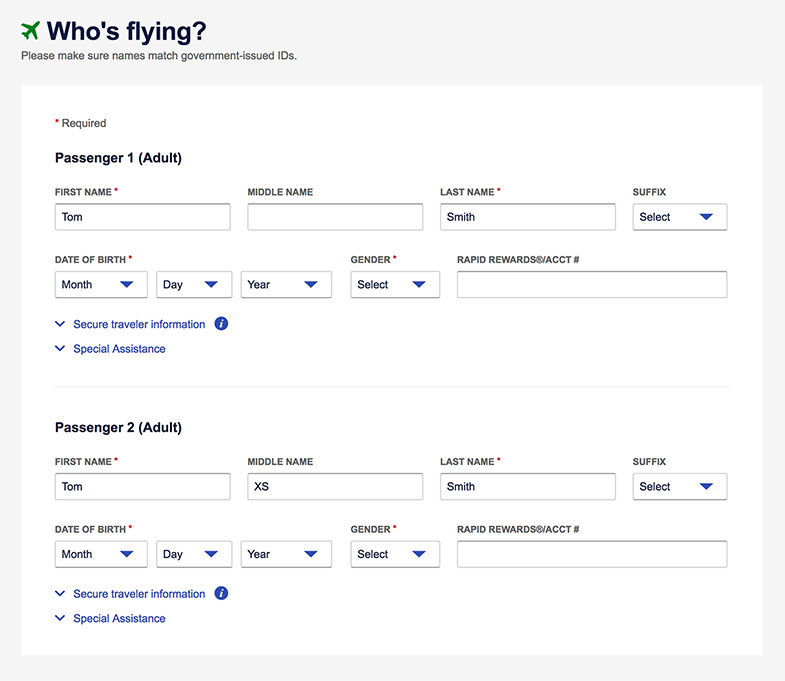 An image of a booking flow screenshot of entering the Passenger information on Southwest.com