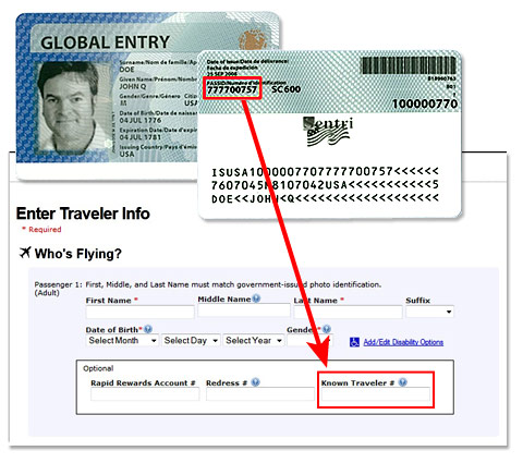 known traveller number on card