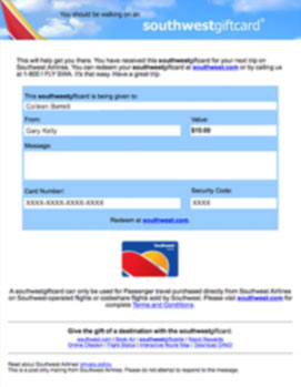 Southwest® gift card sample email