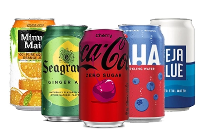 An image of cans of Minute Maid Orange Juice, Seagram's Ginger Ale, Coca-Cola Cherry Zero Sugar, AHA Sparkling Water, and Deja Blue Water