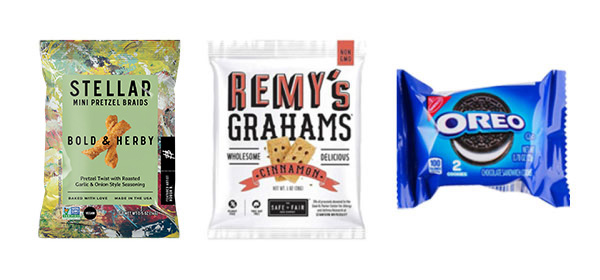 An image of a package of Stellar Bold and Herby Pretzel Braids, Remy's Grahams, and OREO Cookies