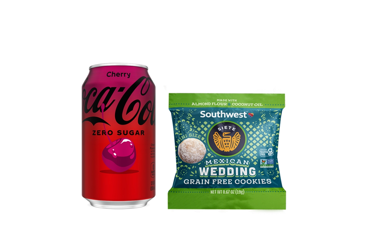 An image of a can of Cherry Coca-Cola Zero Sugar alongside a package of Southwest-branded Siete Grain Free Mexican Wedding Cookies